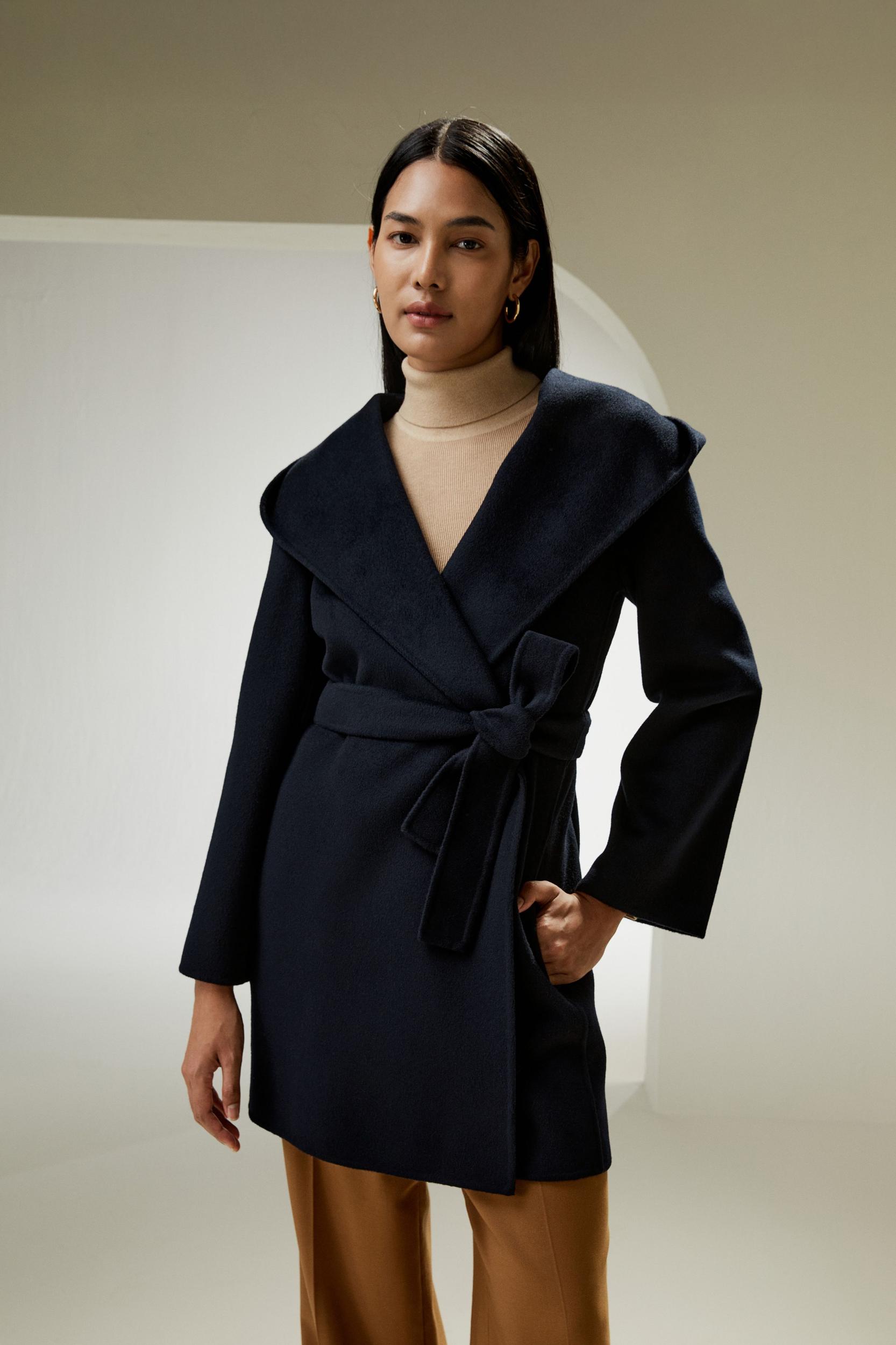 LILYSILK Womens Coats Navy Blue Cashmere Wool Comfortable Hooded Coat M Product Image