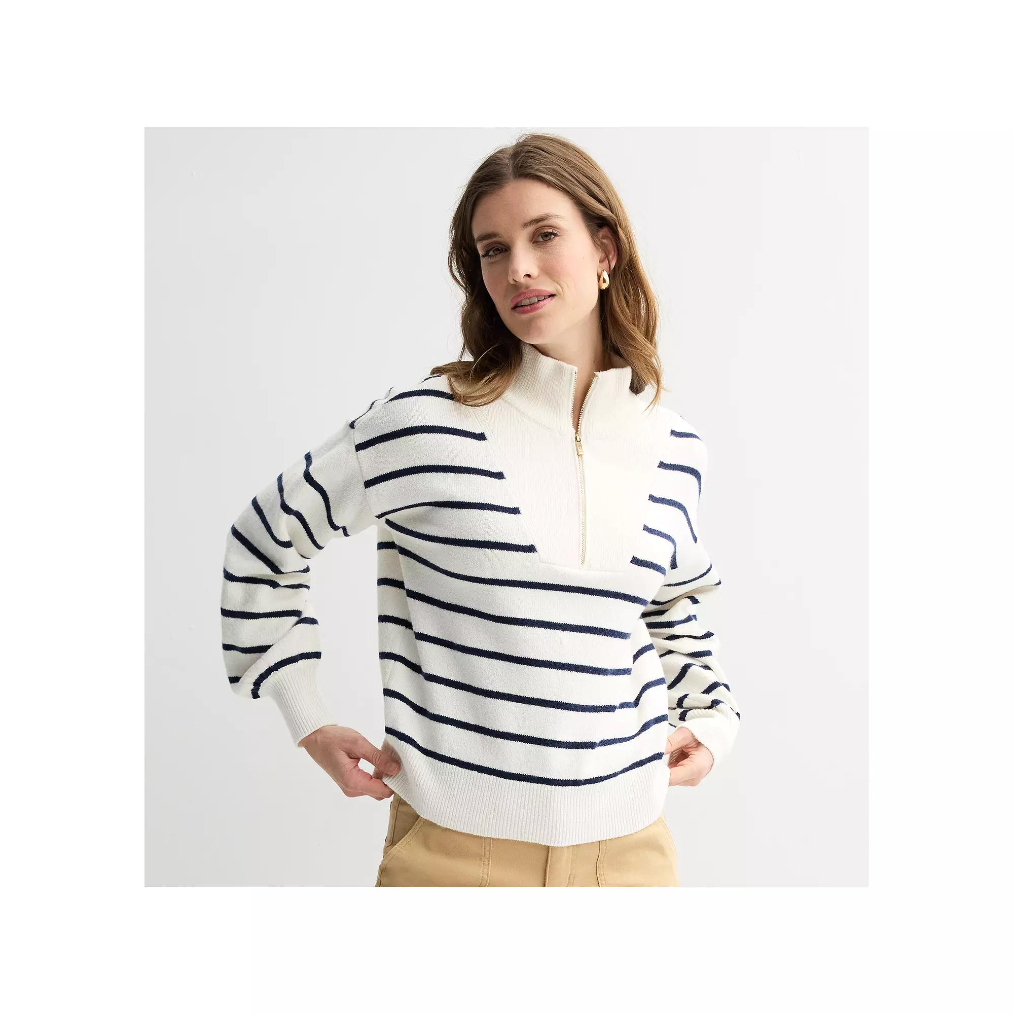 Women's Draper James Quarter Zip Pullover Sweater, Size: XXL, Ivory Navy Stripe Product Image