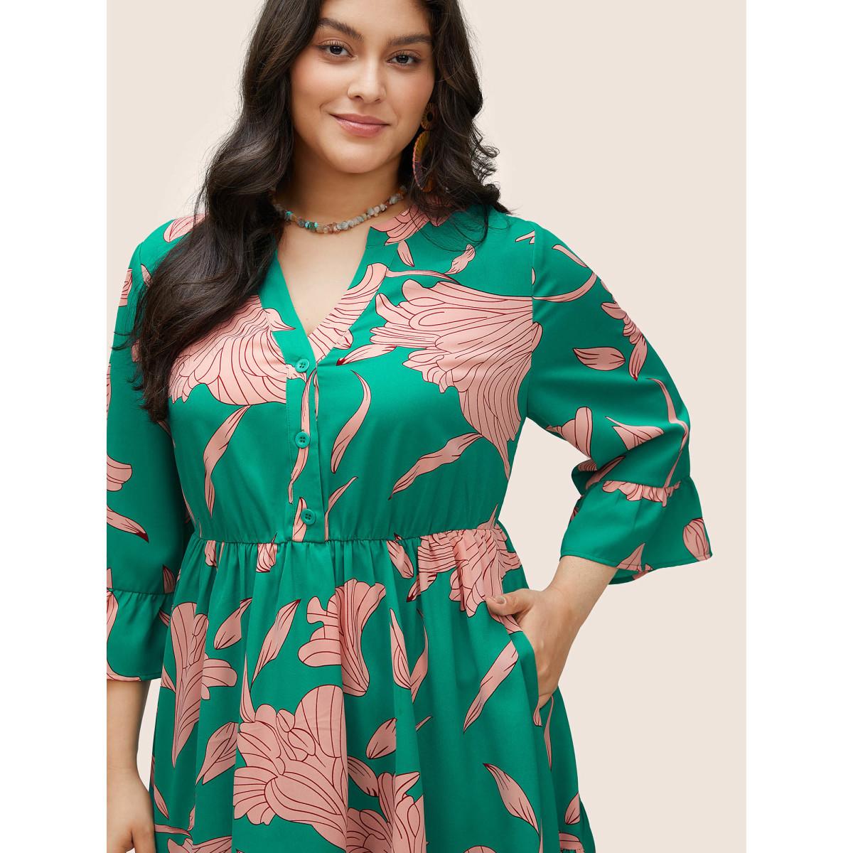 Plus Size Floral Notched Button Up Patchwork Ruffles Dress Green Women Elegant Non Notched collar Elbow-length sleeve Curvy Midi Dress BloomChic 26/4X Product Image