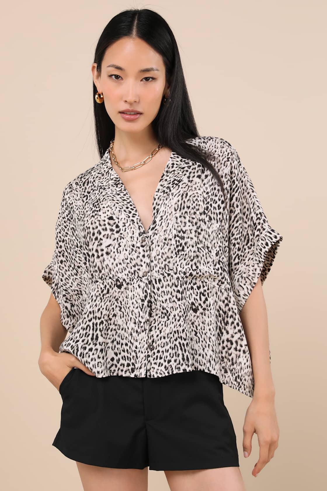 Island Style White Leopard Print Button-Up Short Sleeve Top Product Image