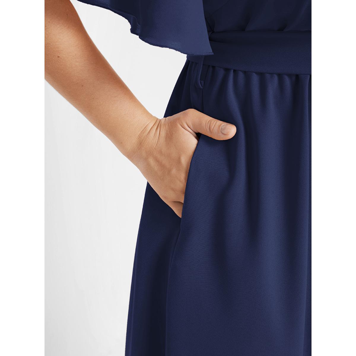 Plus Size DarkBlue Solid Belted Asymmetrical Hem Flutter Wrap Blouse Women Elegant Short sleeve V-neck Dailywear Blouses BloomChic 14-16/1X Product Image