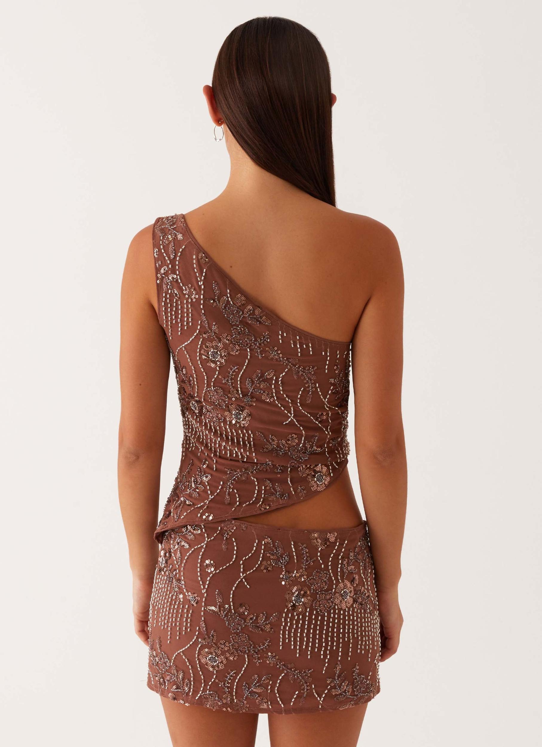 Through The Night One Shoulder Mini Dress - Chocolate Product Image