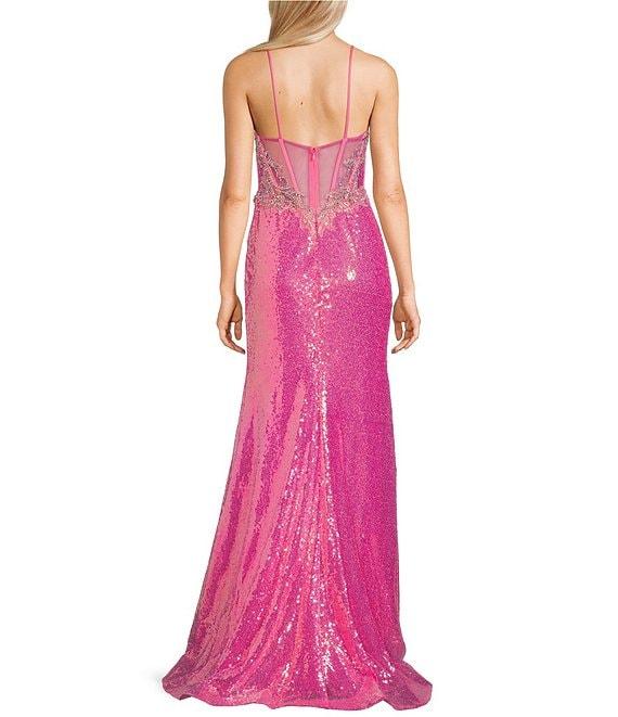Coya Collection Sequin Beaded Applique V-Neck Spaghetti Strap Fitted Corset Bodice Open Back Side Slit Gown Product Image