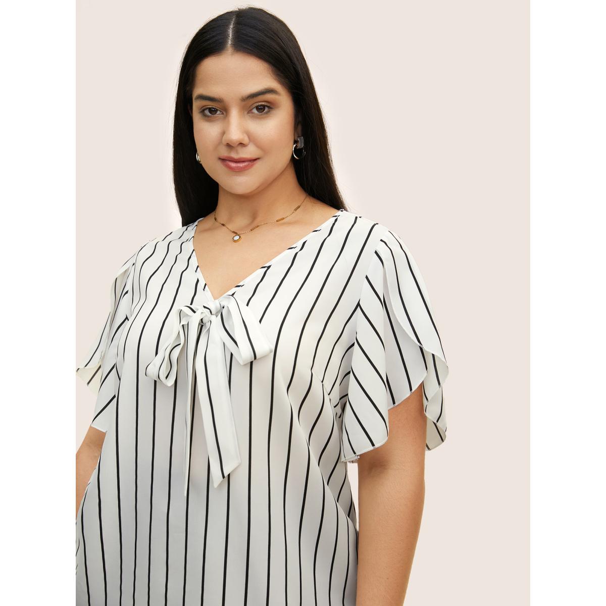 Plus Size Originalwhite Striped Tie Knot Petal Sleeve Blouse Women Work From Home Cap Sleeve V-neck Office Blouses BloomChic 22-24/3X Product Image