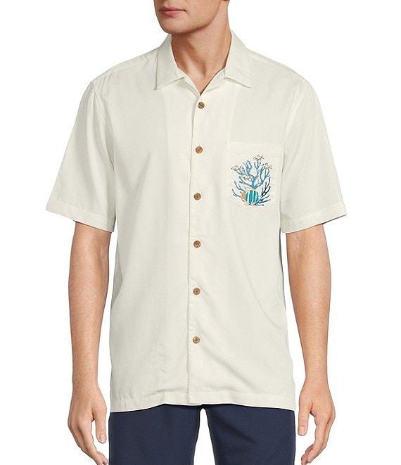 Caribbean Coral Reef Turtle Print Embroidery Short Sleeve Woven Camp Shirt Product Image