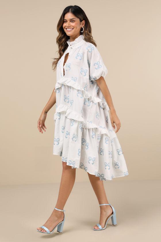 Cassia White Oversized Tiered Ruffled Embroidered Bow Mini Dress Product Image