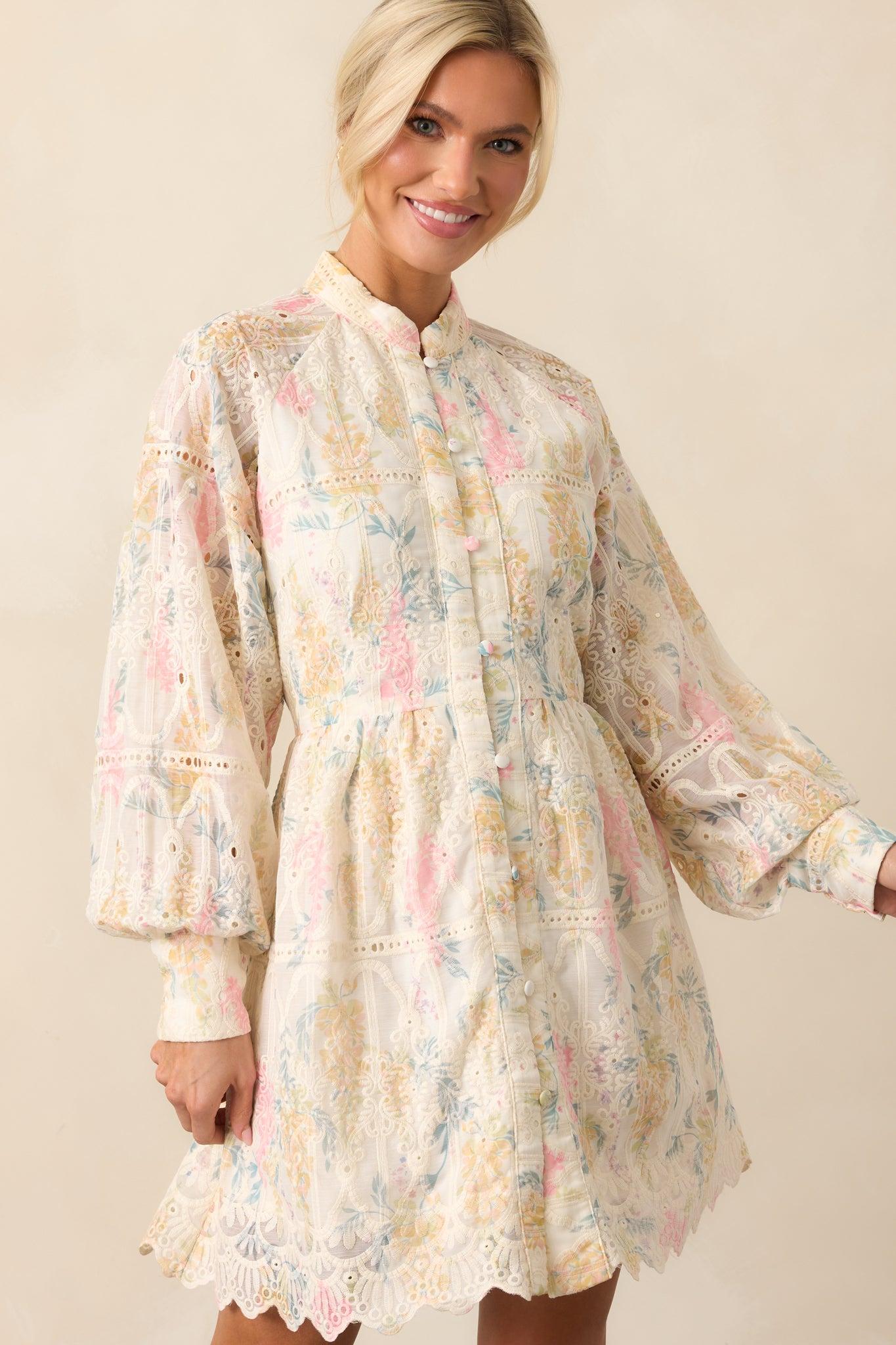 The Art Of Being Ivory Floral Embroidered Eyelet Mini Dress Product Image