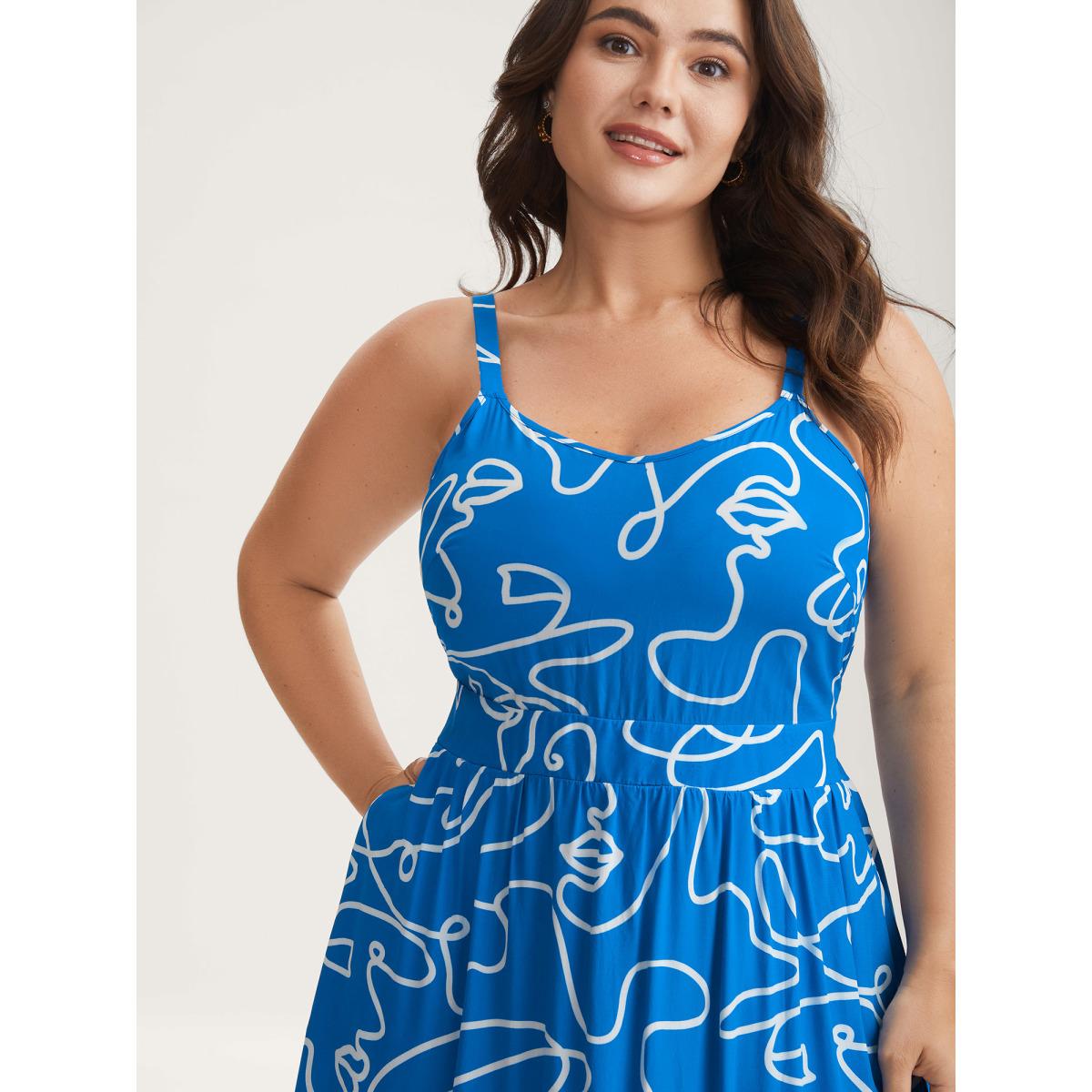 Plus Size Abstract Line Print Adjustable Midi Dress Mediumblue Women Non Sleeveless Curvy BloomChic 30/6X Product Image