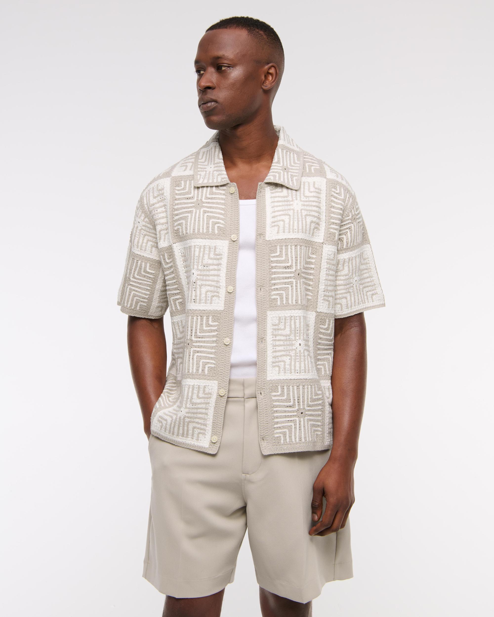 Crochet-Style Border Stripe Button-Through Sweater Polo Product Image