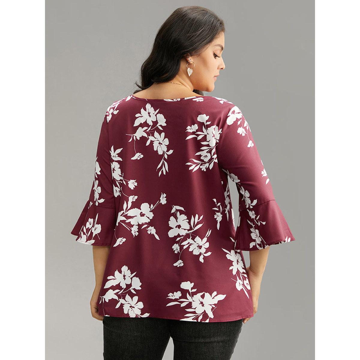Plus Size Scarlet Silhouette Floral Print Ruffle Sleeve Twist Front Blouse Women Elegant Elbow-length sleeve Round Neck Party Blouses BloomChic 28/5X Product Image
