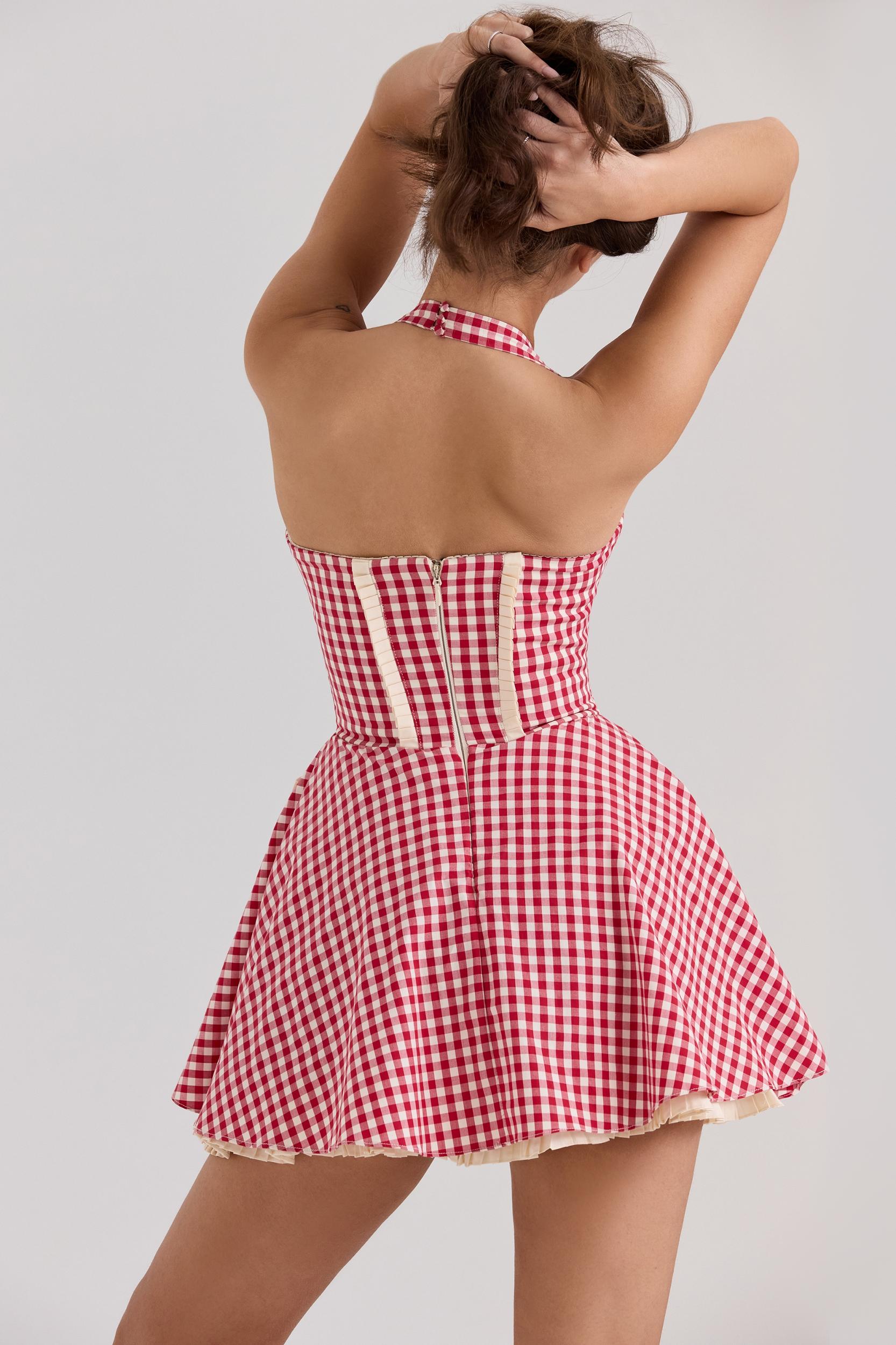 Heidi  red gingham cotton halter neck mini dress Product Image
