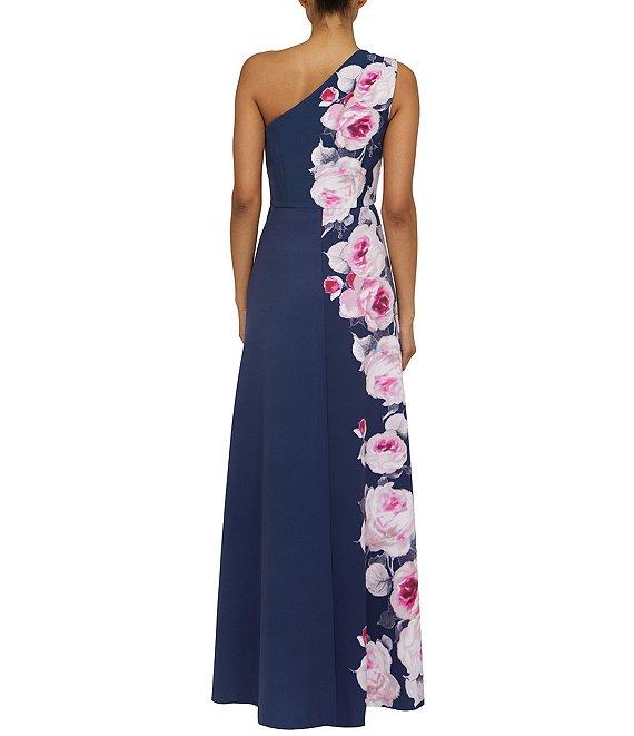 Kay Unger Stretch Crepe Floral Placement Print One Shoulder Neck Sleeveless Sheath Gown Product Image