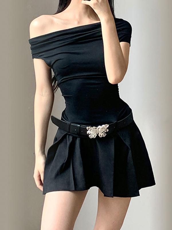 Off Shoulder Butterfly Belt Pleated Mini Dress Product Image