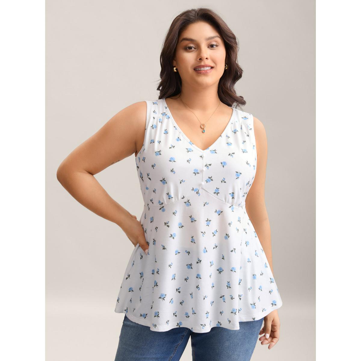 Plus Size Stretchy Floral Print Waist-Tie Tank Top Women WhiteSmoke Belted V-neck Everyday-Elegant Tank Tops Camis BloomChic 12/L Product Image