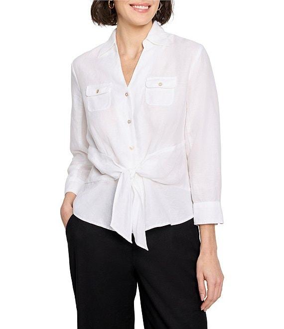 NIC + ZOE Iconic Woven Point Collar V-Neck 3/4 Sleeve Tie Front Shirt Product Image