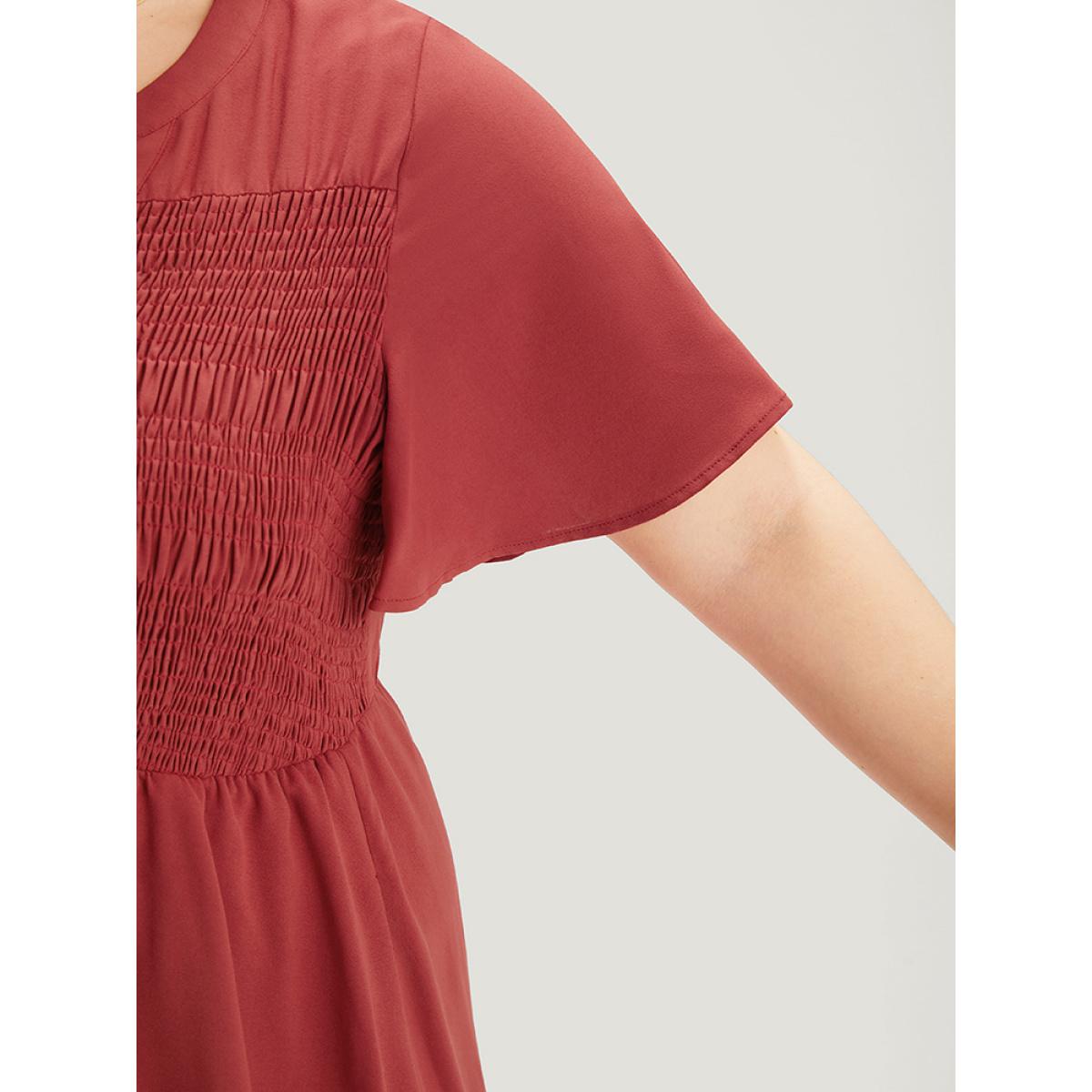 Plus Size Plain Notched Shirred Button Through Ruffle Sleeve Dress Rust Women Elegant Plain Notched collar Short sleeve Curvy Midi Dress BloomChic 10/M Product Image