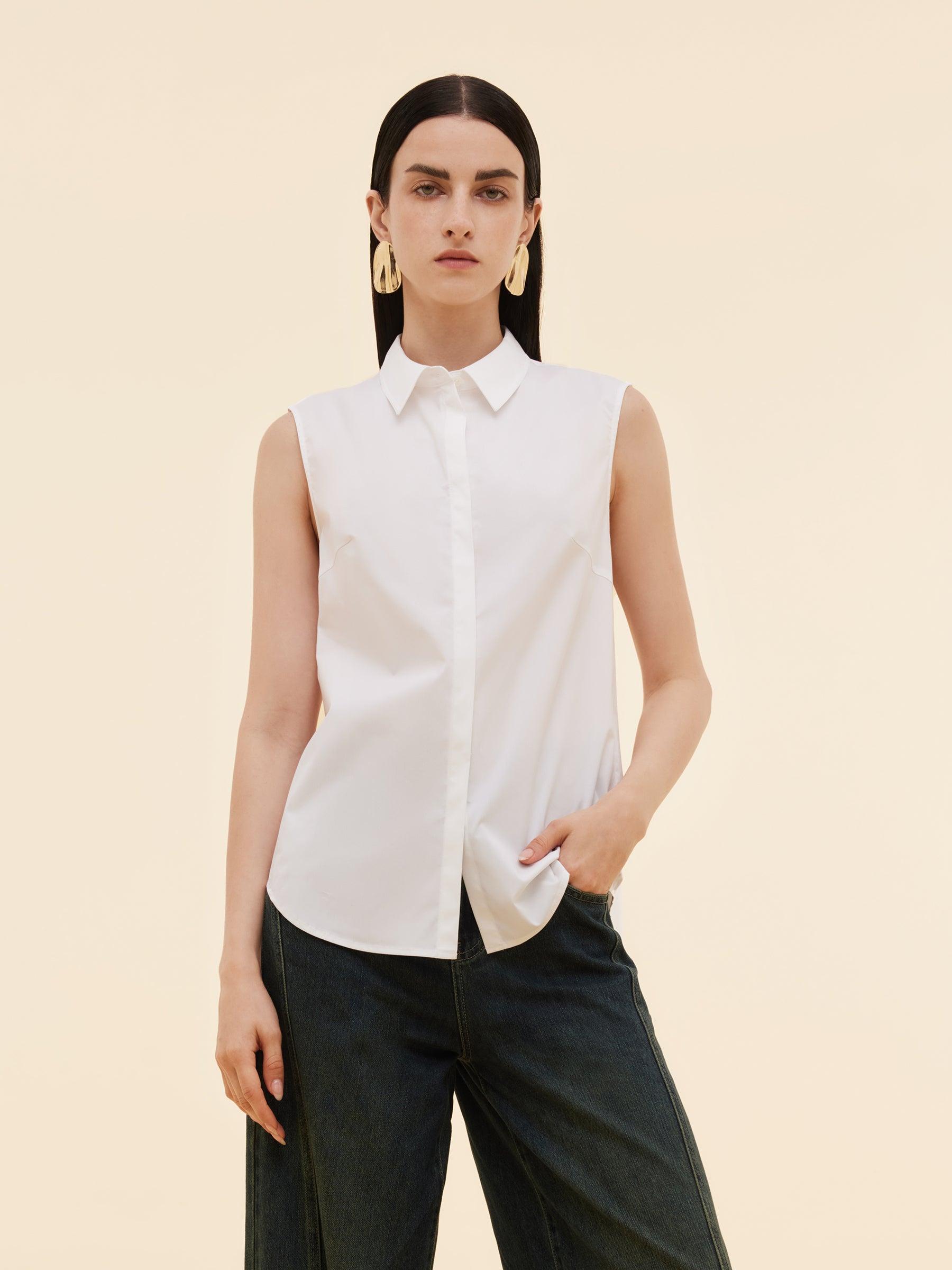 Sleeveless Concealed Placket Women Shirt Product Image