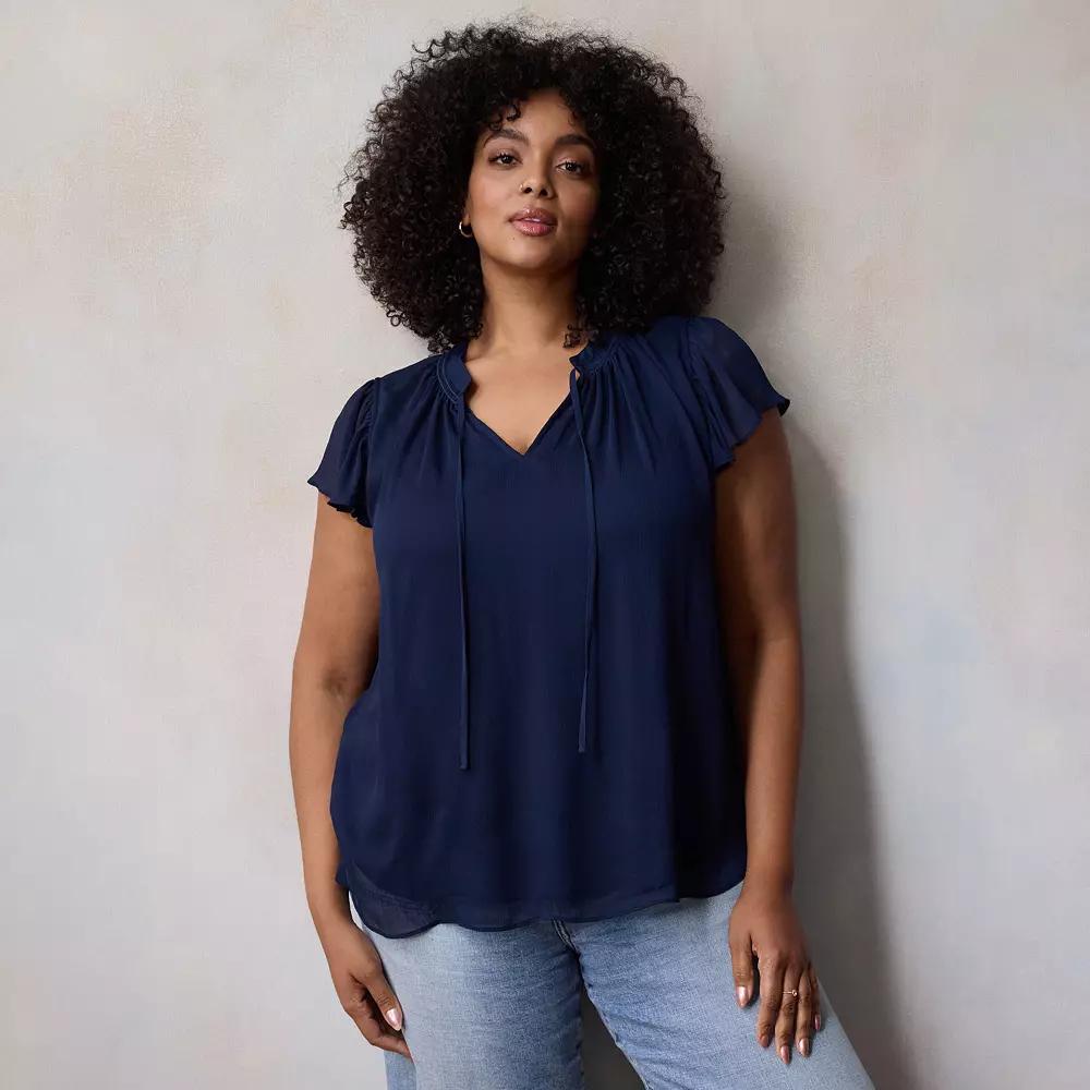 Plus Size LC Lauren Conrad Tie Front Ruffled V-Neck Shell, Women's, Size: 0X, Blue Water Product Image