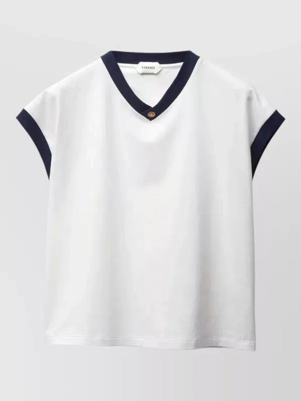VERSACE Stretch Cotton V Neck Slim Fit T Shirt In White Product Image
