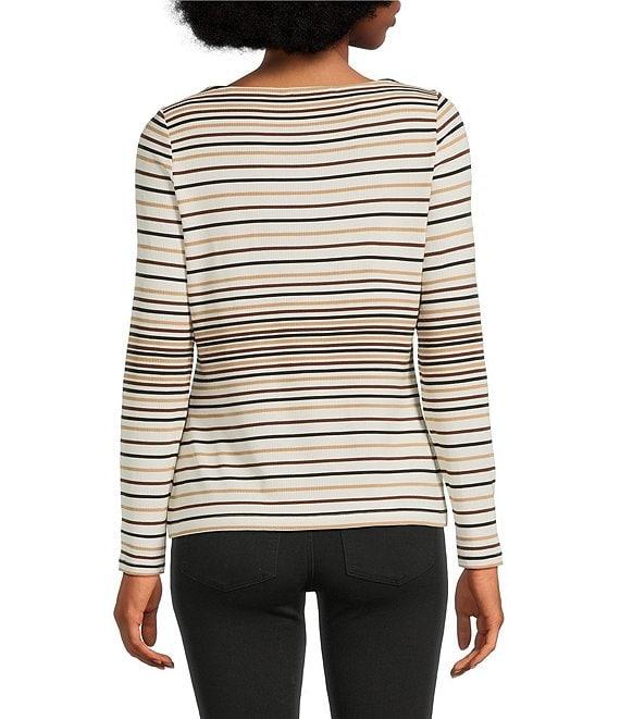 Liverpool Los Angeles Petite Size Rib Knit Stripe Boat Neck Long Sleeve Top Product Image