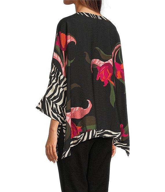 Ali Miles Woven Floral Multi Print Round Neck Elbow Dolman Sleeve Button-Front Tunic Product Image