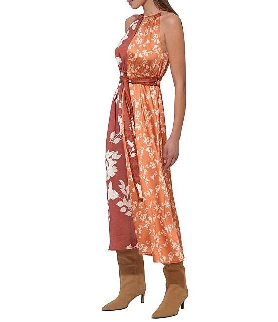 Adelyn Rae Sandi Two Tone Floral Halter Wrap Front Tie Midi Dress Product Image