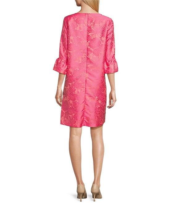 Caroline Rose Floral Jacquard Scoop Neck 3/4 Sleeve Ruffle Bell Cuff Shift Dress Product Image