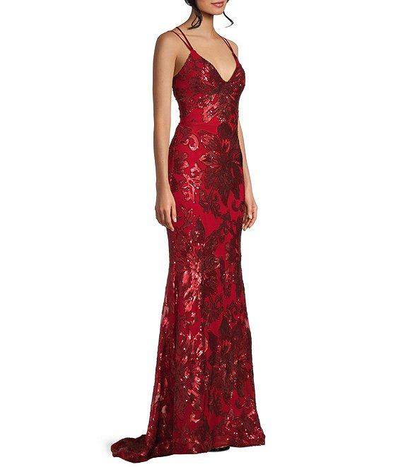 B. Darlin Double Spaghetti Strap V-Neck Placement Sequin Long Dress Product Image