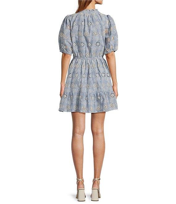Sugarlips Blue Rosie V-Neck Short Puff Sleeve Eyelet Mini Dress Product Image