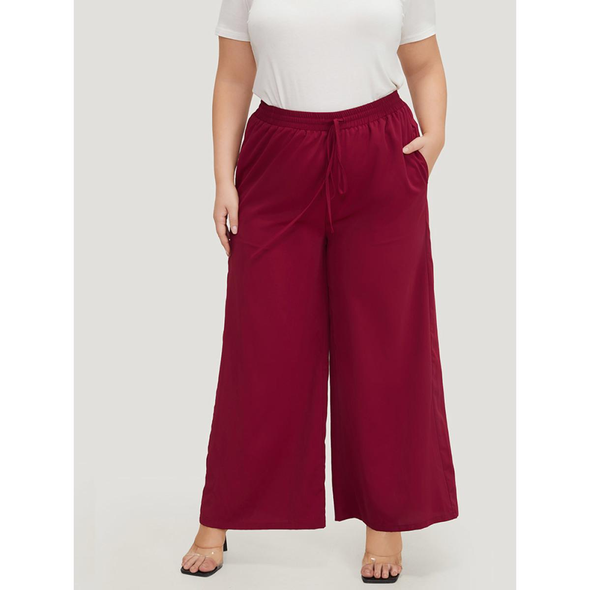 Plus Size Solid Pocket Drawstring Wide Leg Pants Women Burgundy Office Wide Leg High Rise Office Pants BloomChic 14-16/1X Product Image