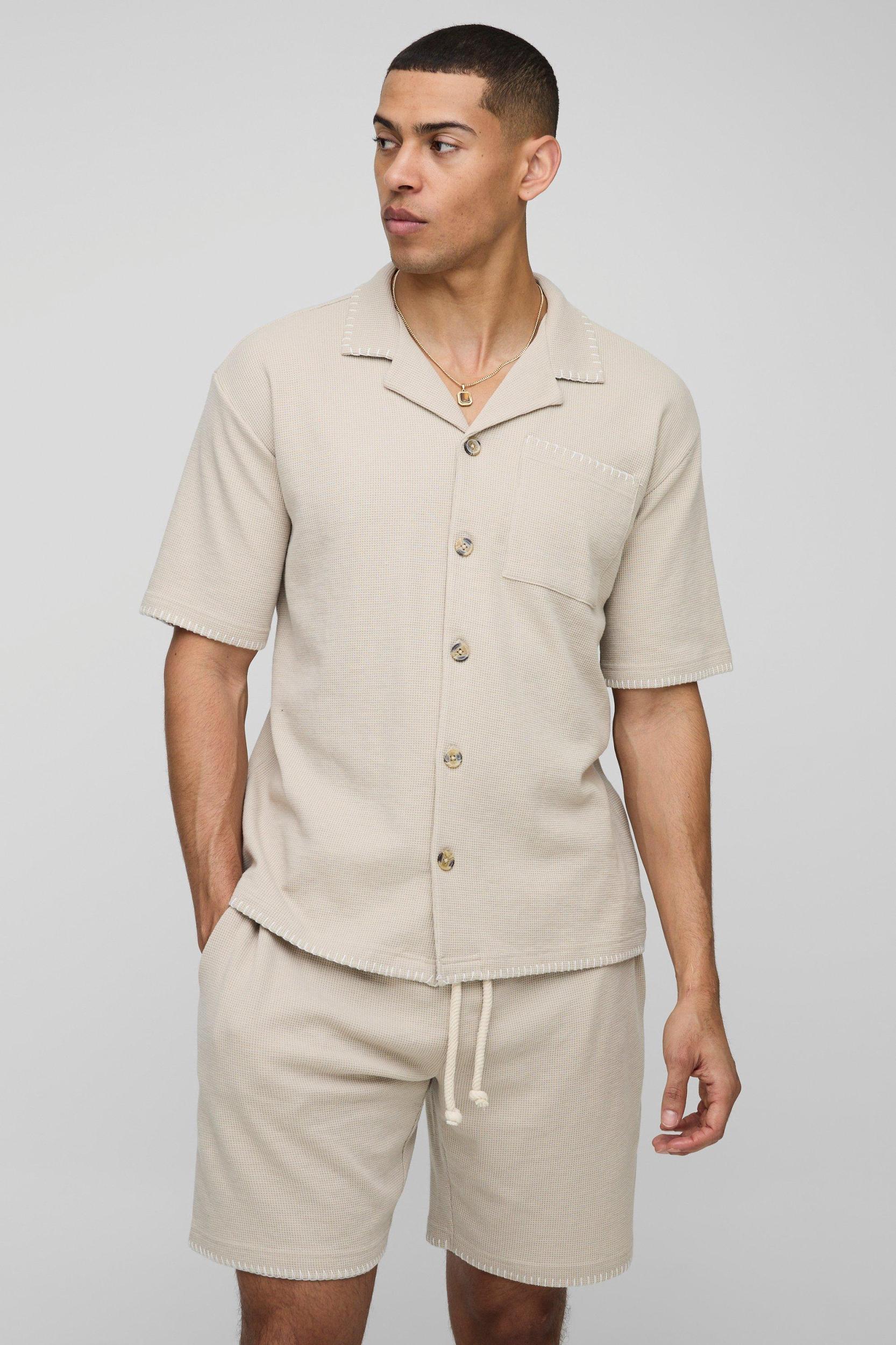 Oversized Contrast Stitch Waffle Shirt & Loose Fit Short | boohooMAN USA Product Image