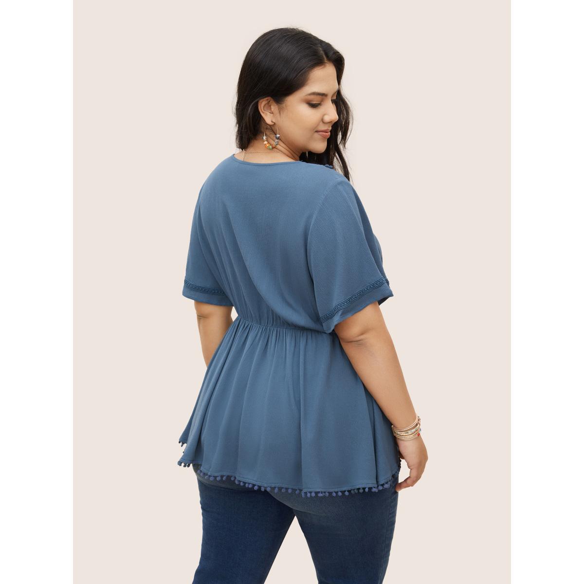 Plus Size Aegean Rayon Plain Button Detail Pompom Trim Blouse Women Resort Short sleeve V-neck Vacation Blouses BloomChic 18-20/2X Product Image