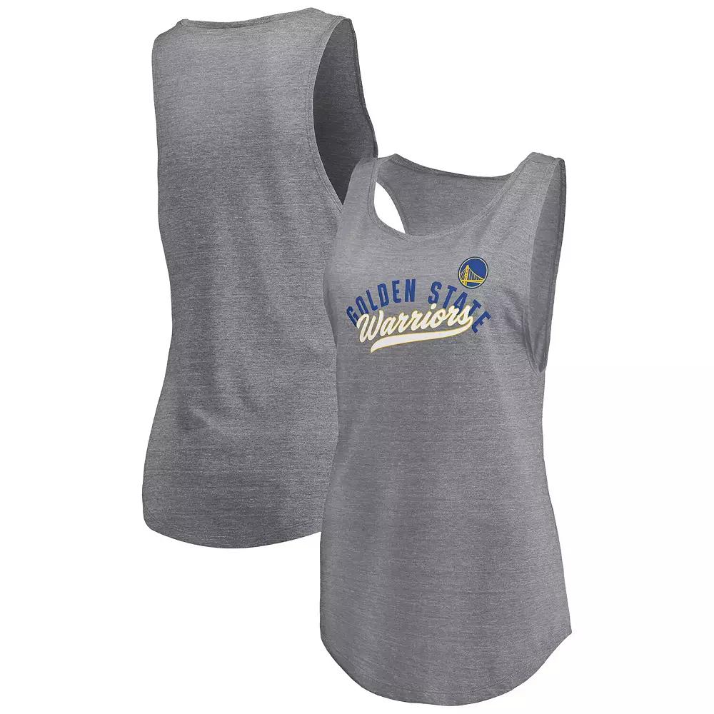 Women's Fanatics Heathered Gray Golden State Warriors Quality Time Open Scoop Neck Tri-Blend Tank Top,  Product Image
