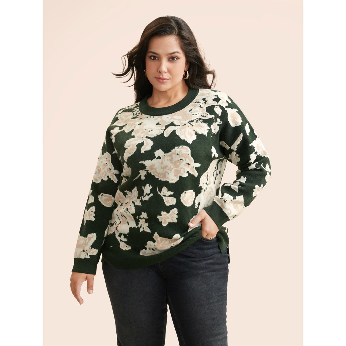 Plus Size Supersoft Essentials Silhouette Floral Print Pullover DarkGreen Women Casual Loose Long Sleeve Round Neck Everyday Pullovers BloomChic 26/4X Product Image