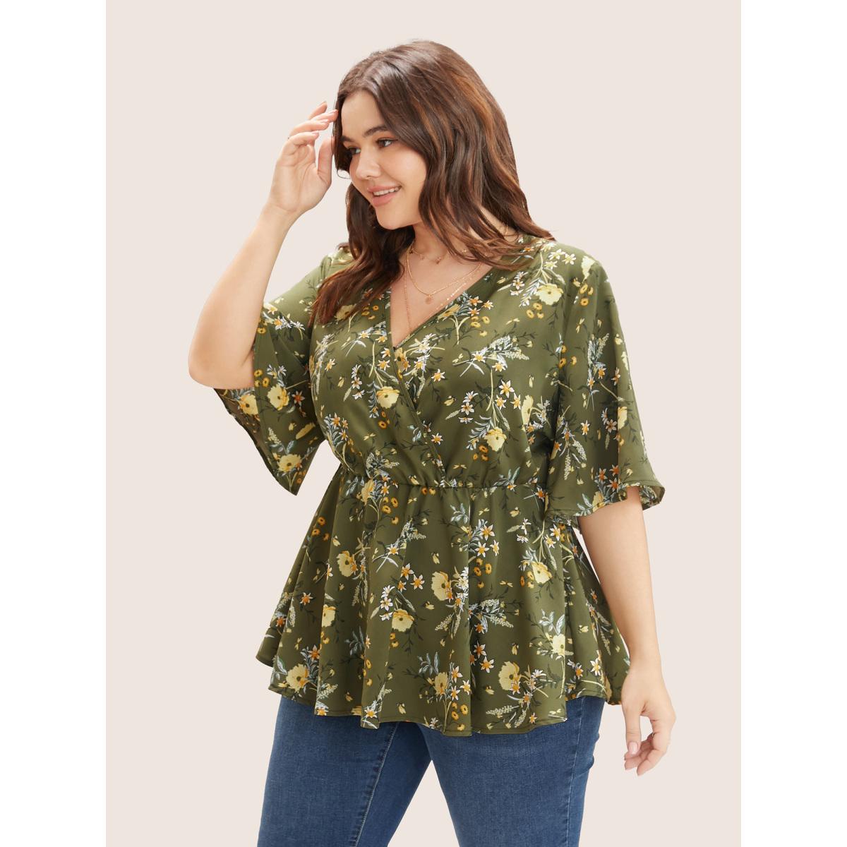 Plus Size Moss Floral Print Ruffles Surplice Neck Blouse Women Elegant Half Sleeve V-neck Everyday Blouses BloomChic 30/6X Product Image