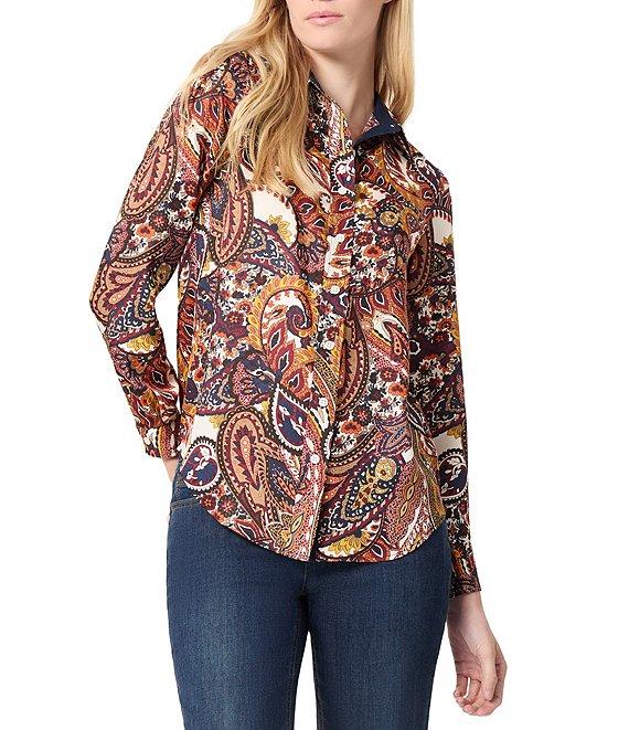 Jones New York Paisley Printed Satin Twill Point Collar Long Sleeve Button Front Utility Blouse Product Image