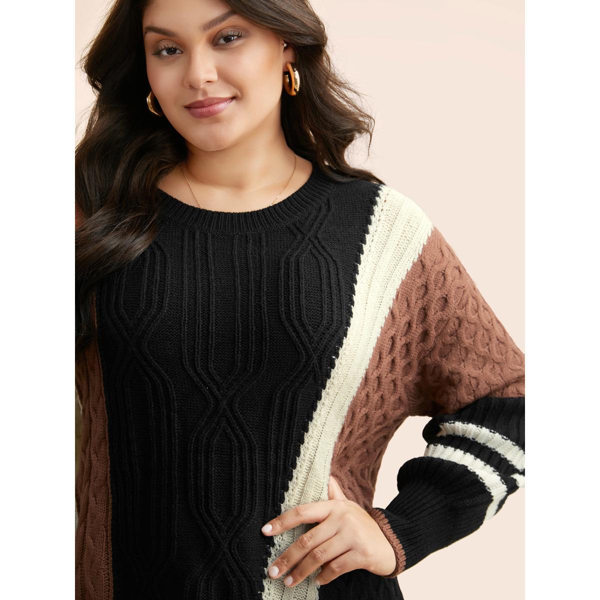 Plus Size Contrast Patchwork Cable Knit Pullover Black Women Casual Loose Long Sleeve Round Neck Everyday Pullovers BloomChic 28/5X Product Image