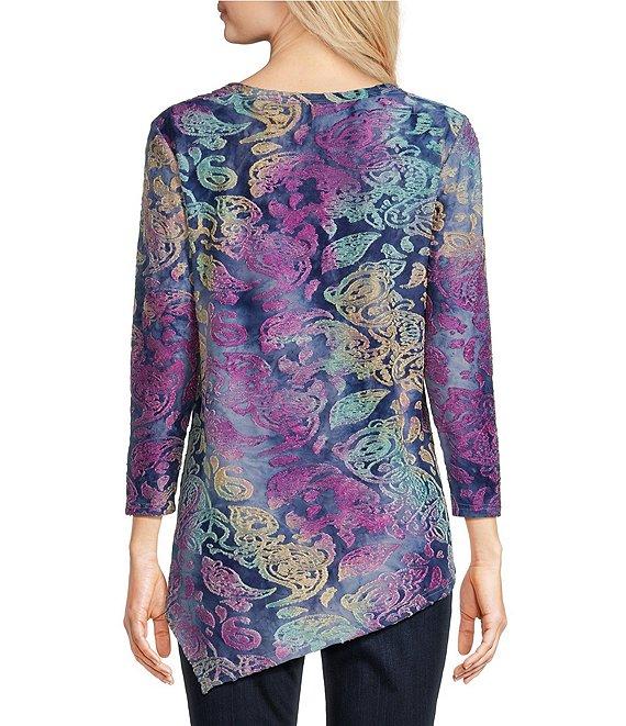 Calessa Petite Size Burnout Knit Tie-Dye Crew Neck 3/4 Sleeve Asymmetrical Hem Tunic Product Image