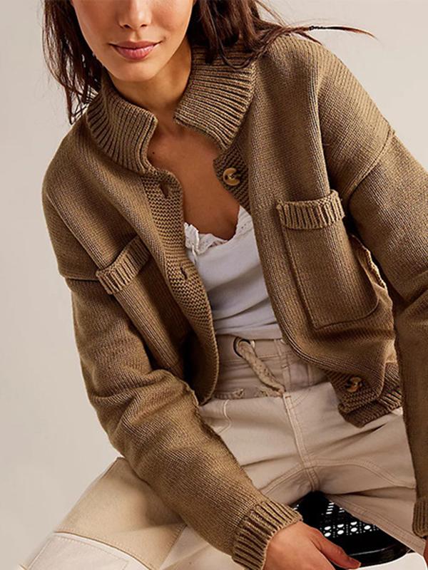 Long Sleeves Loose Buttoned Pockets Solid Color Split-Joint Stand Collar Cardigan Tops Product Image