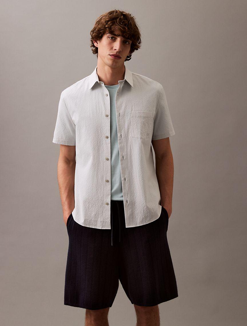 Calvin Klein Mens Solid Seersucker Classic Button-Down Shirt - White Product Image