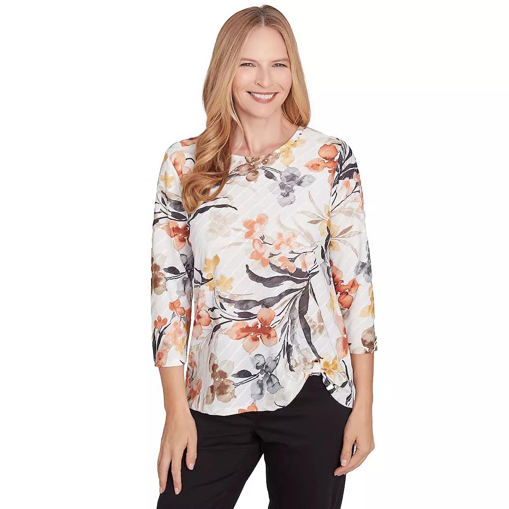 Women's Alfred Dunner Watercolor Floral Crewneck Top, Size: Large, Multi Neutral Product Image