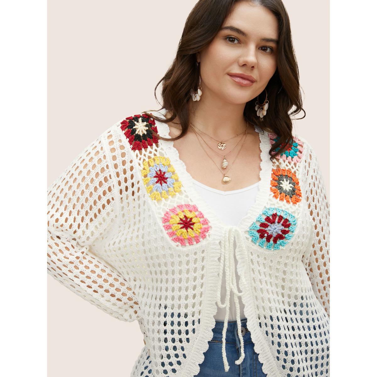 Plus Size Crochet Floral Cut Out Tie Knot Cover Up Ivory Women Vacation Beach Cover Ups Bloomchic 18-20/2X Product Image