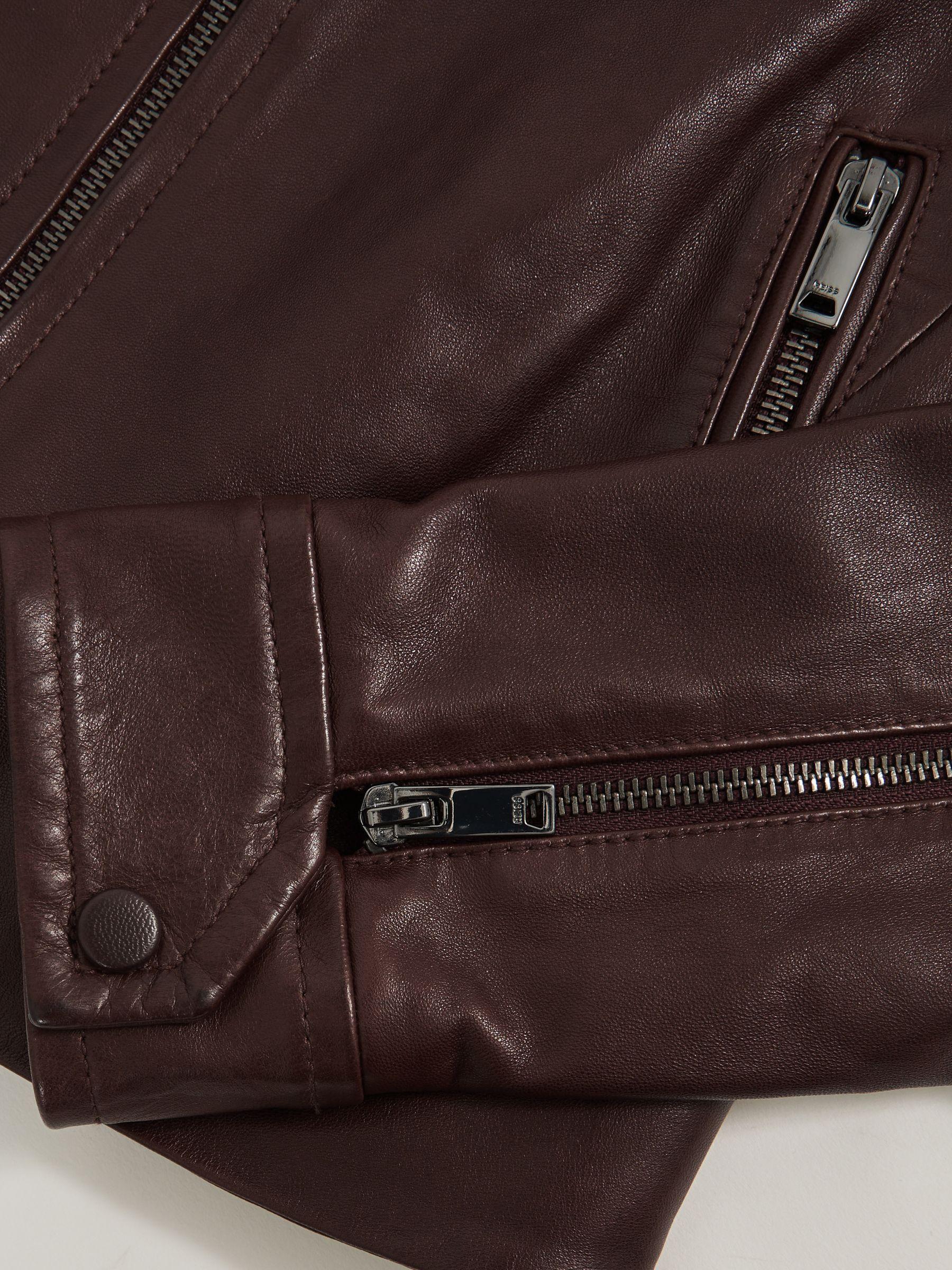 Fitted Leather Biker Jacket in Burgundy Product Image