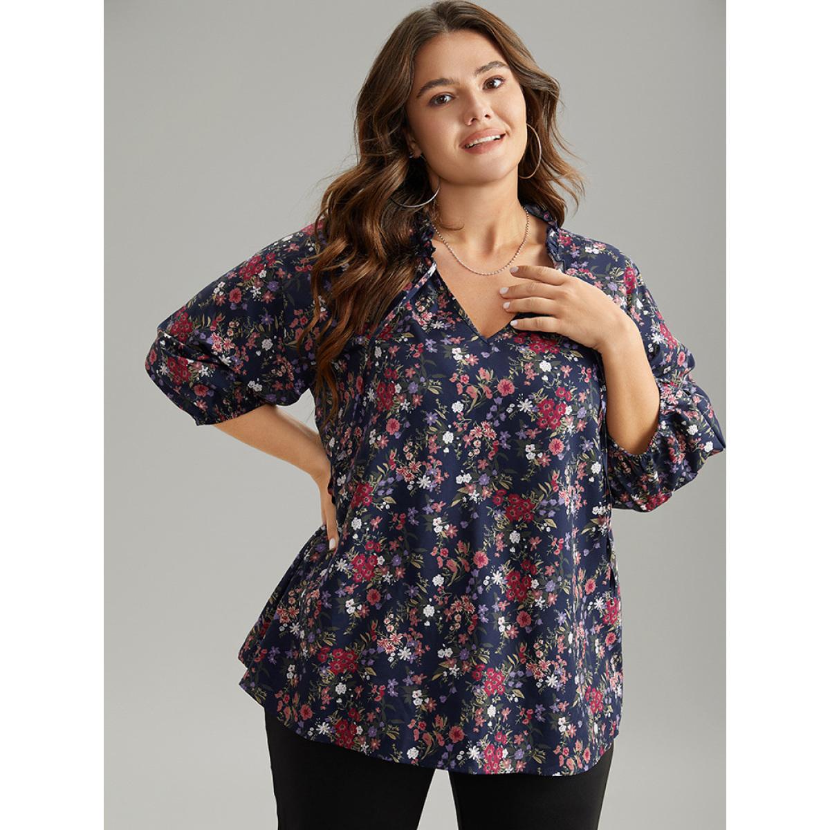 Plus Size Indigo Ditsy Floral Tie Neck Elastic Cuffs Blouse Women Elegant Elbow-length sleeve Tie Neck Dailywear Blouses BloomChic 30/6X Product Image