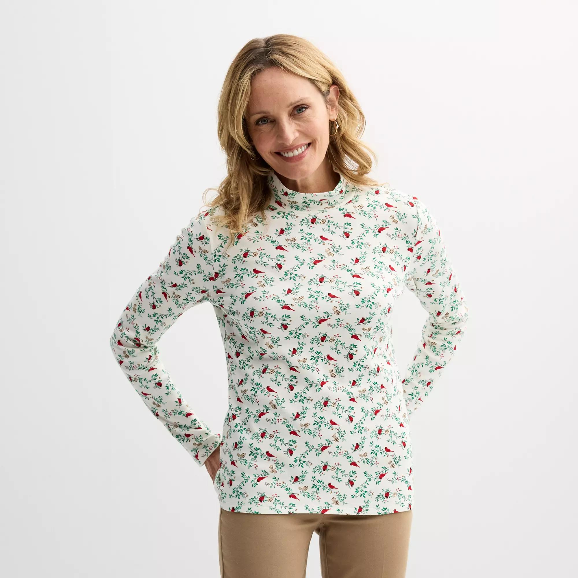 Petite Croft & Barrow® Long Sleeve Mockneck Top, Women's, Size: Large Petite, Ivory Red Product Image