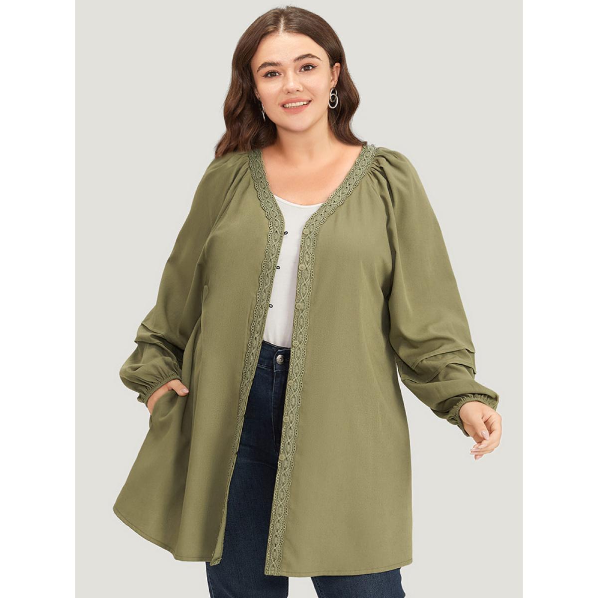 Plus Size Plain Contrast Lace Lantern Sleeve Button Fly Coat Women Sage Casual Elastic cuffs Ladies Dailywear Winter Coats BloomChic 18-20/2X Product Image