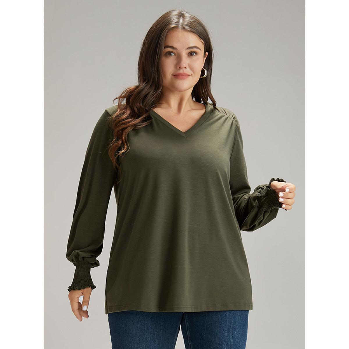 Plus Size Plain V Neck Gathered Shirred Sleeve T-shirt ArmyGreen Women Casual Elastic cuffs Plain V-neck Everyday T-shirts BloomChic 10/M Product Image