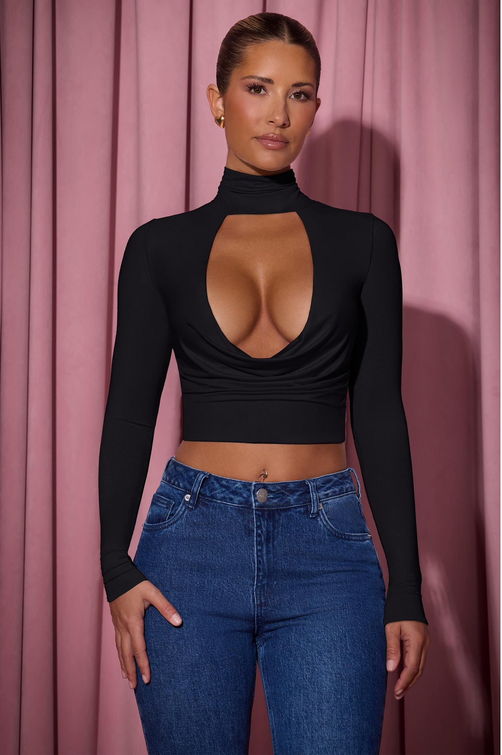 Cowl-Neck Tie-Back Top in Black Female Product Image