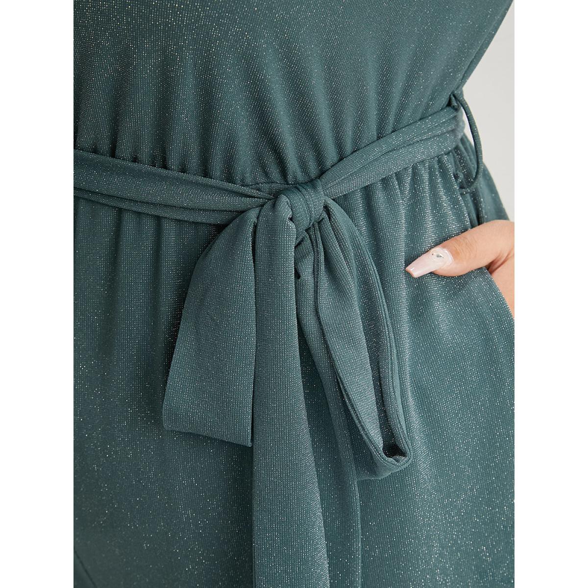 Plus Size Emerald Plain Scalloped Trim Ruched Glitter Pocket Belted Jumpsuit Women Elegant Short sleeve V-neck Party Loose Jumpsuits BloomChic 22-24/3X Product Image