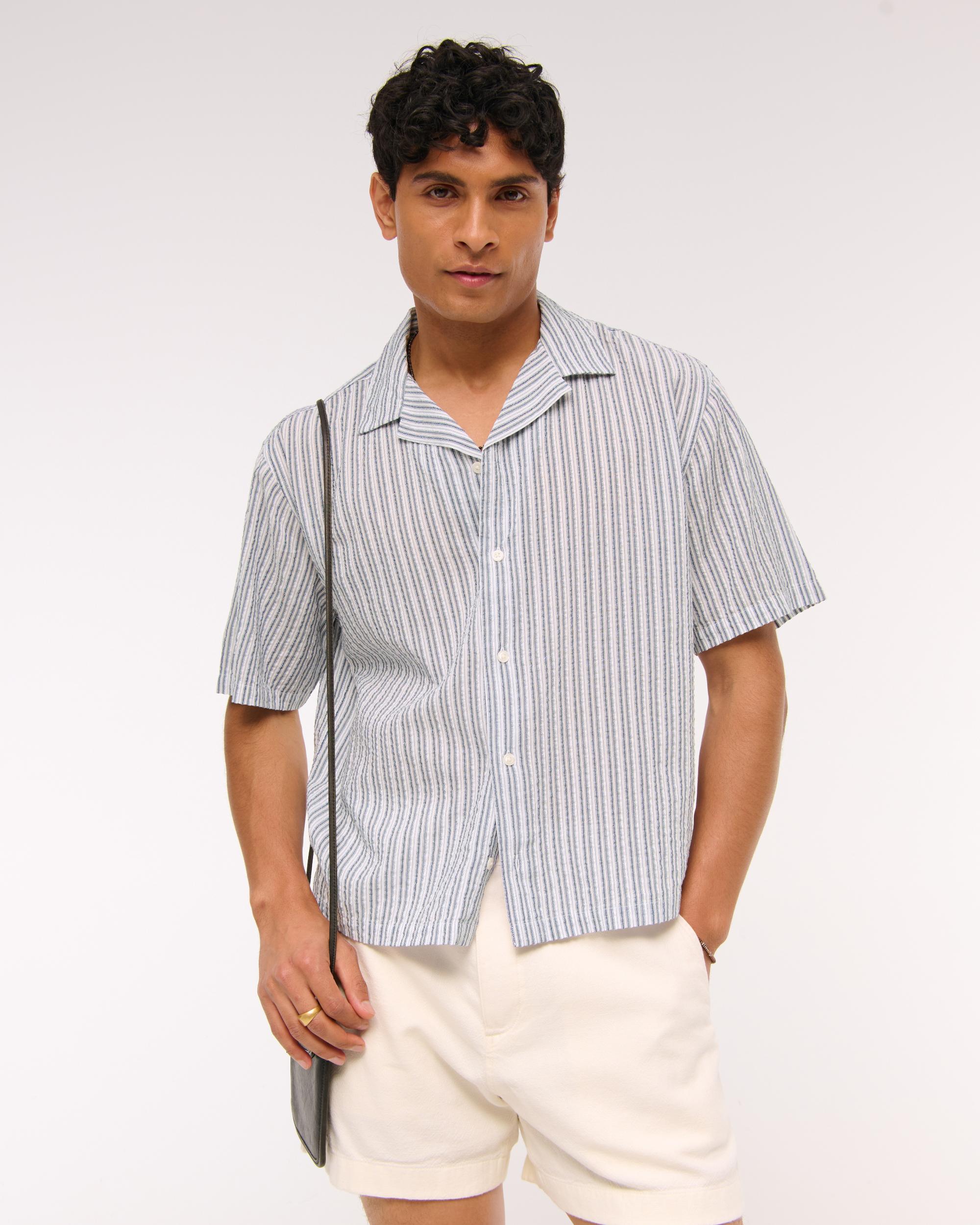 Camp Collar Cropped Seersucker Shirt Product Image